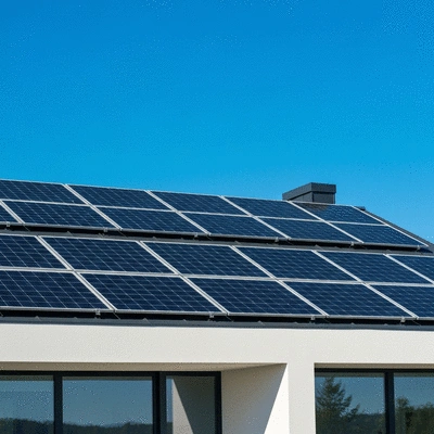 Solar panels on a modern house roof with a clear blue sky, showing energy efficiency