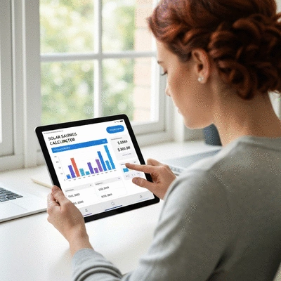 Person using a tablet with a solar savings calculator application, showing graphs and numbers, illustrating financial planning for solar energy, no text, no words, no typography, 8K